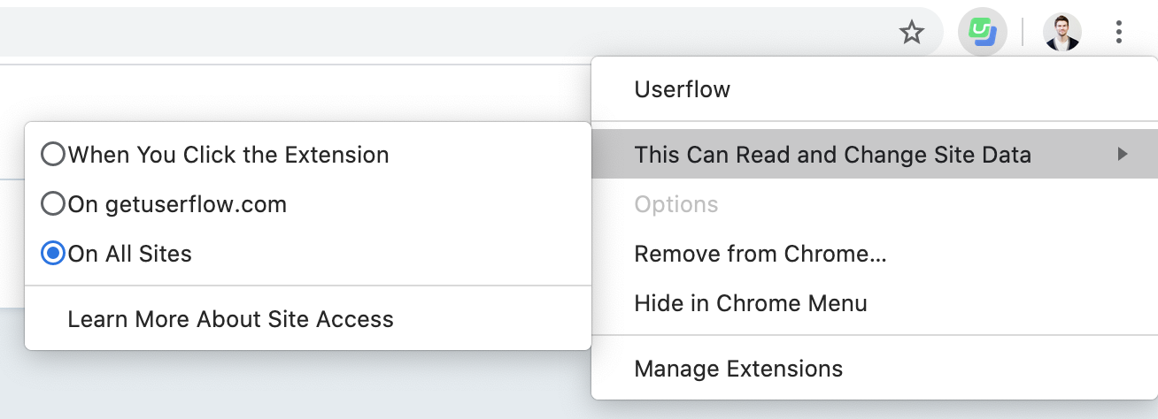 Userflow Chrome Extension menu